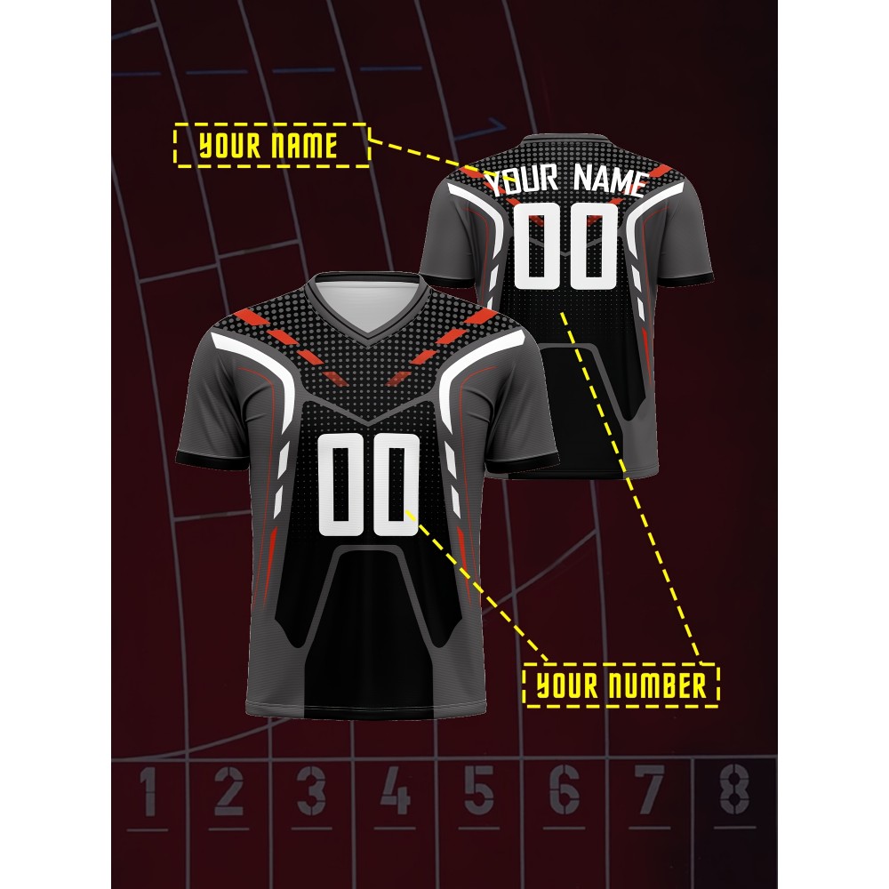 Customizable Youngsters' V-Neck Football Jersey - Personalized Name & Number, Comfortable Polyester Blend, Ideal for Sports & Outdoor Activities, Machine Washable - Black with Red & Gray Accents, Youth Football Accessories