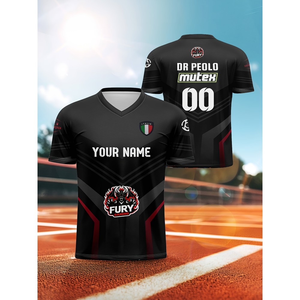 Customizable Youngsters' Soccer Jersey - V-Neck, Personalized Name & Number, Comfort Fit for Sports & Outdoor Play, Black with Red & White Accents, Polyester Fabric, Machine Washable, Youth Sports Apparel | Customizable Soccer Top | Adjustable Fit Jersey