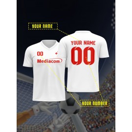 1pc Customizable Soccer Jersey for Kids - Personalized Name & Number, V-Neck, Polyester, Knit Fabric, All-Season Sports & Casual Top for Boys & Girls, Preppy Street Style, Medium Stretch, Regular Fit