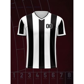 [Customizable Football Jersey] Customizable Breathable Kids' V-Neck Football Jersey | Black & White Stripes with Full-Body Print for Soccer, Sports & Casual Wear | Machine Washable, Spring/Fall, Sports Team Apparel, Comfortable Fit Shirt