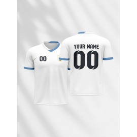 1pc Customizable Soccer Jersey for Kids - Personalized Name & Number, V-Neck, Knit Polyester, All-Season Sports & Casual Top for Boys & Girls, Preppy Street Style, Medium Stretch, Party & Beachwear