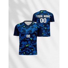 1pc Customizable Soccer Jersey for Kids - V-Neck Football Shirt with Personalized Name & Number, 100% Polyester Knit Fabric, Medium Stretch, Preppy Street Style, All-Season Sports & Casual Top for Boys & Girls
