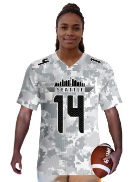 Large Size Women's Arctic Camo Seattle #14 Polyester Football Jersey, Women V-Neck Game Day Sports Shirt With Slight Stretch, Breathable Casual Knit Fabric, Loose Fit Adult, Fans Gift Women, For Casual, Party, Training Wear