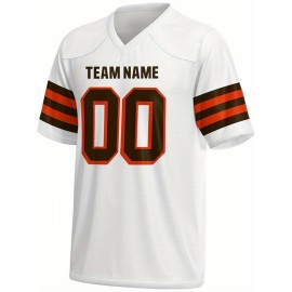 Custom Football Jersey - Personalized Name & Number, Breathable Fabric, V-Neck Design for Team Uniforms & Casual Sports Wear - Brown with White & Orange Accents, Summer Athletic Apparel, Custom Football Jersey, Comfortable Sports Apparel