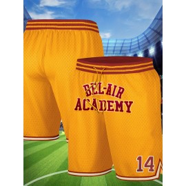 Men's Yellow # 14 Basketball Shorts, Classic Letter Embroidery Design, Breathable Button Style Short Sleeve Shirt, Suitable For Training And Competition