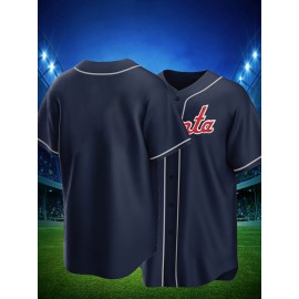 Men'S White Striped Baseball Shirt with Classic Letter Embroidery Design, Breathable Button Short Sleeved Shirt for Training And Competition