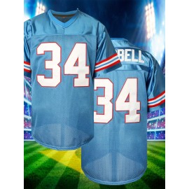 Men's #34 Embroidered Rugby Jersey - Light Blue Loose Fit V-Neck Sports Top, Breathable Polyester for Casual & Game Day, SHLUCKI