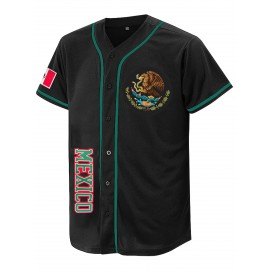 Men's Black Baseball Shirt, Classic Letter Embroidery Design, Breathable Button Style Short Sleeved Shirt, Suitable For Training And Games