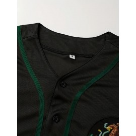 Men's Black Baseball Shirt, Classic Letter Embroidery Design, Breathable Button Style Short Sleeved Shirt, Suitable For Training And Games