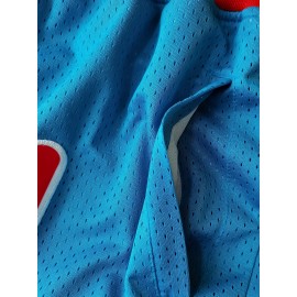 Men's Moon Blue Basketball Shorts, Classic Letter Embroidery Design, Breathable Button Style Short Sleeved Shirt, Suitable For Training And Competition