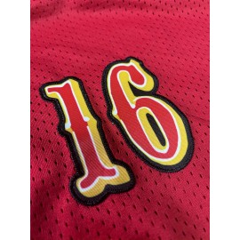 Men's Red # 16 Basketball Shorts, Classic Letter Embroidery Design, Breathable Button Style Short Sleeve Shirt, Suitable For Training And Competition