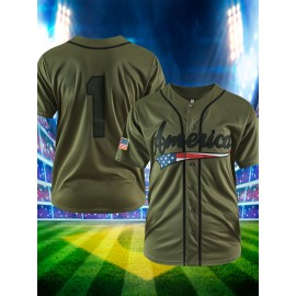 Men's Green # 1 Baseball Shirt, Classic Letter Embroidery Design, Button Style Short Sleeve Breathable Shirt, Used For Training And Competitions