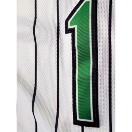 Men's white black striped green patchwork # 1 baseball shirt, classic letter embroidery design, button style short sleeved breathable shirt, used for training and competition