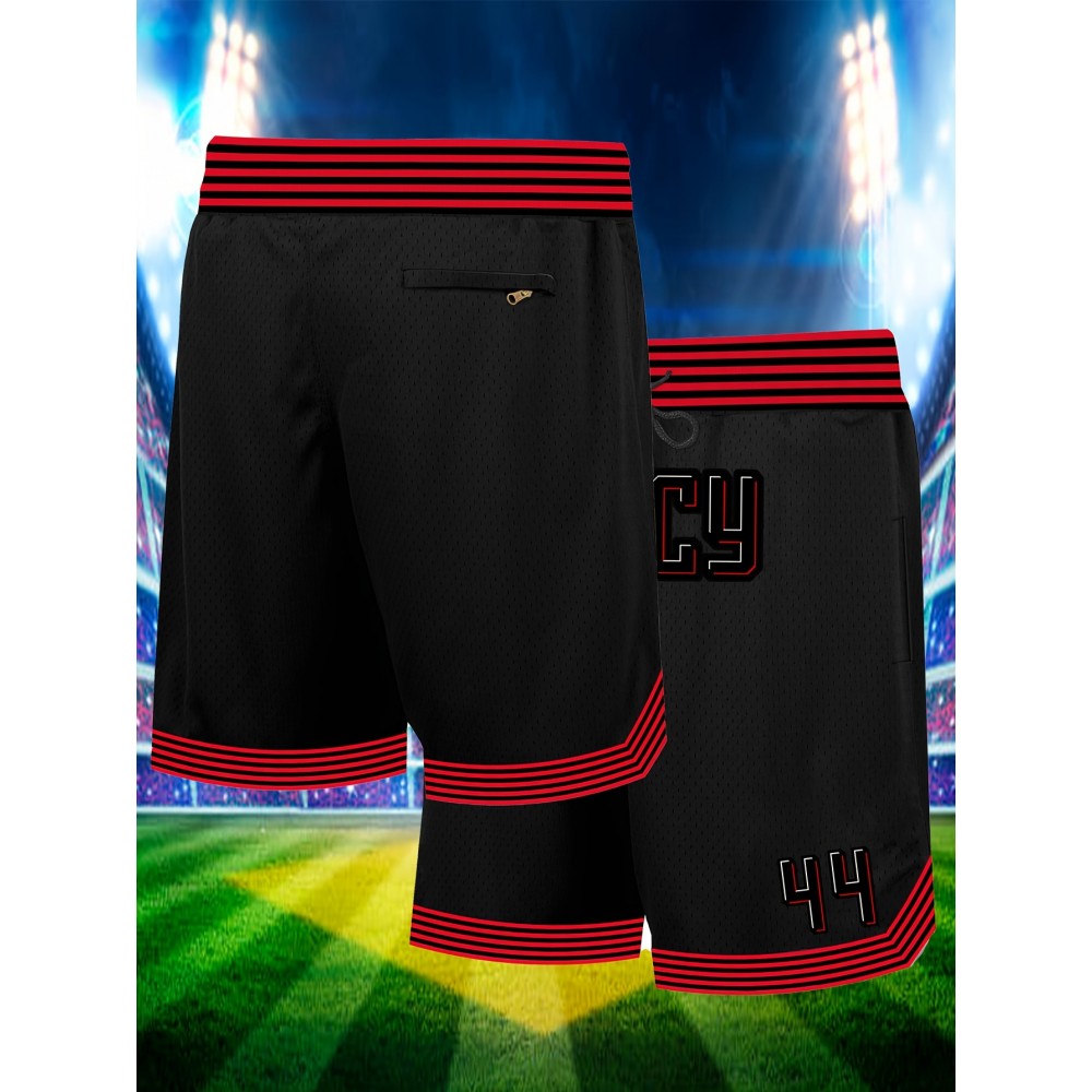 1pc Men'S Basketball Shorts - Breathable Polyester Knit Fabric, Slight Stretch, Loose Fit, Embroidered Alphabet Pattern, Sports Style for Training & Competition, Four Seasons - Black with Red Trim