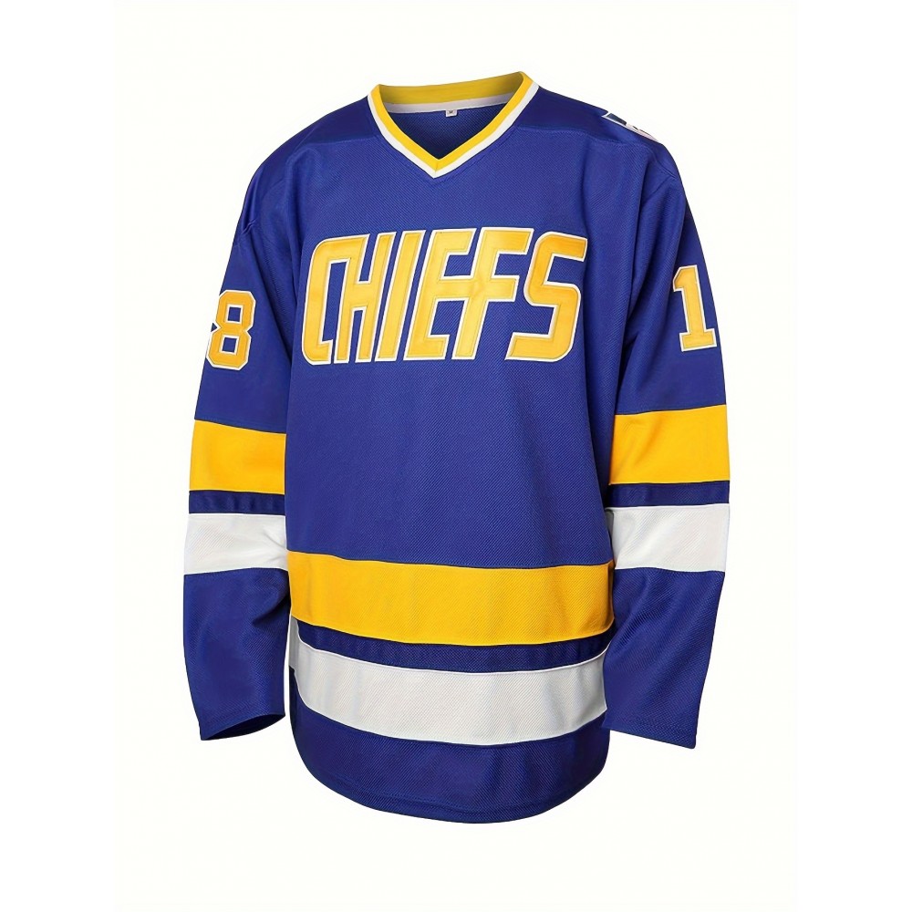 Men's Blue #18 Ice Hockey Jersey - Loose Fit Embroidered V-Neck Breathable Streetwear for All Seasons, Team Sports & Casual Outings, Machine Washable, Outdoor Activity Clothing | Sporty Aesthetic | Embroidered Detailing