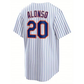 Men's White & Blue Striped Baseball Shirt with ALONSO #20 Embroidery - Breathable Loose Fit V-Neck Button-Up for Casual Streetwear, Sports & Outdoor Activities - Machine Washable All-Season Comfort, Breathable Fabric