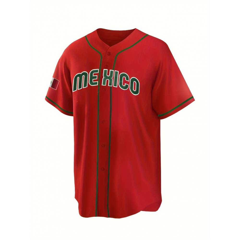 Men'S Polyester Baseball Jersey, Embroidered 'MEXICO' Lettering, V-Neck, Slight Stretch, Loose Fit, for Casual & Athletic Wear, Four Seasons Sports Shirt for Adults & Teens