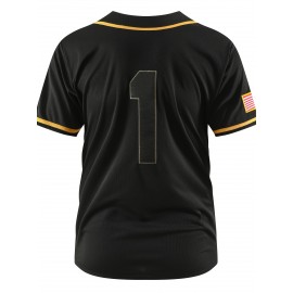 Men's #1 Black Baseball Jersey - Classic Embroidered Letter Design, Breathable Button-Up Short Sleeve Shirt for Training & Competition