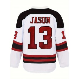 Men's white # 13 ice hockey sports shirt, loose embroidered long sleeves, sporty and fashionable casual, street breathable