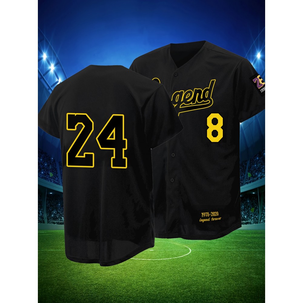 Men'S Black # 8-24 Baseball Shirt, Classic Letter Embroidery Design, Button Style Short Sleeved Breathable Shirt, For Training And Competition Use