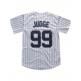 Men'S Black And White Striped # 99 Baseball Shirt, Classic Letter Embroidery Design, Breathable Button Style Short Sleeved Shirt, Suitable for Training And Games