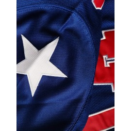 Men's Blue #21 Ice Hockey Jersey - Loose Fit Embroidered Long Sleeve, Sporty V-Neck Design with USA Lettering, Red & White Stripes, Star Details, Breathable Polyester, Machine Washable, Ideal for Casual Outings, Hiking, and Sports