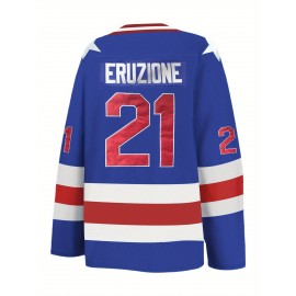 Men's Blue #21 Ice Hockey Jersey - Loose Fit Embroidered Long Sleeve, Sporty V-Neck Design with USA Lettering, Red & White Stripes, Star Details, Breathable Polyester, Machine Washable, Ideal for Casual Outings, Hiking, and Sports