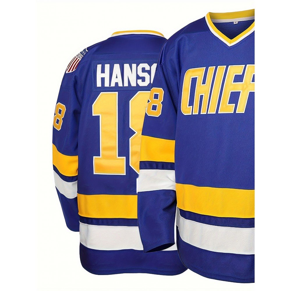 Men's #18 Blue Ice Hockey Jersey - V-Neck, Long Sleeve, Embroidered, Breathable & Stylish for Sports and Casual Wear