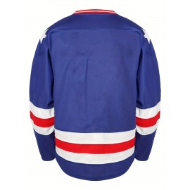Men's Blue Ice Hockey Sports Shirt, Loose Embroidered Long Sleeves, Sporty, Fashionable And Casual, Breathable On The Street