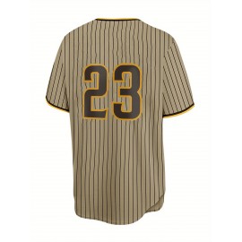 Men's Brown Striped #23 Baseball Shirt - Loose Fit Embroidered Sportswear with V-Neck & Button Closure, Breathable Fabric for Casual Streetwear, Outdoor Activities & All-Season Comfort (Adults & Teens), Sports Apparel, Sporty Design, Embroidered Detailing