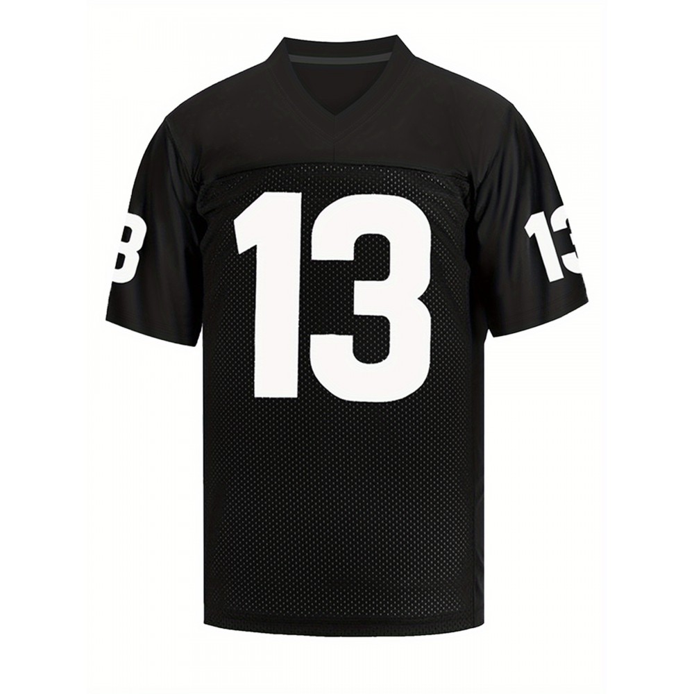 Men's Black #13 Embroidered Rugby Jersey - Loose Fit Breathable V-Neck Top with Mesh Panels for Sports, Casual & Streetwear | All-Season Machine Washable Athletic Shirt