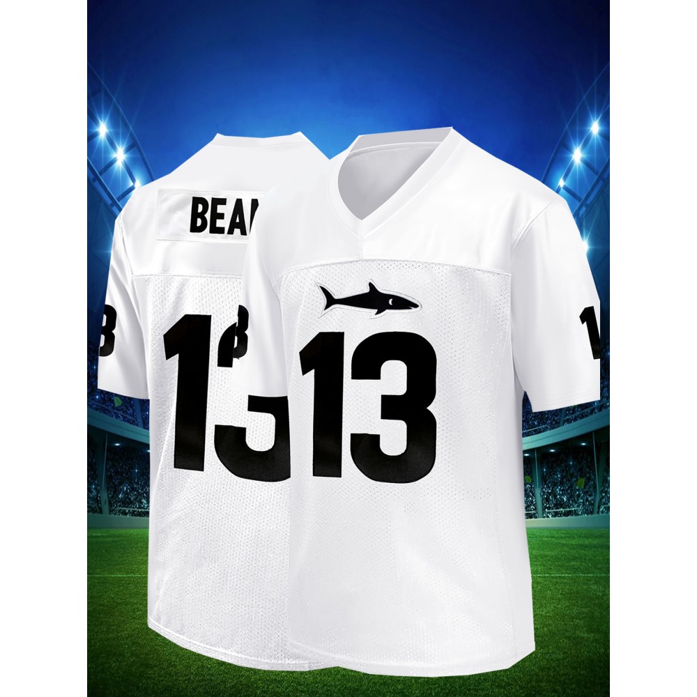 Men'S White # 13 Rugby Shirt with Loose Embroidered Sports, Fashionable, Casual, Street Breathable Rugby Top
