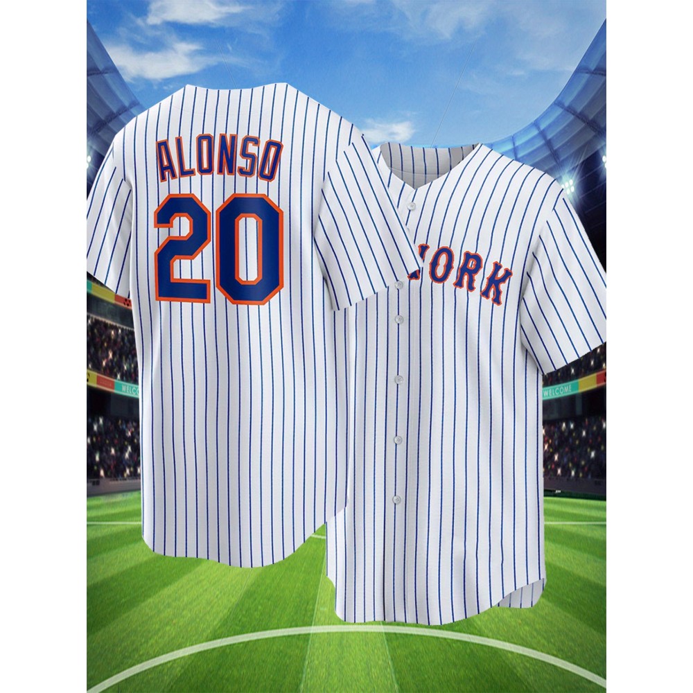 Men's White Striped #20 Baseball Shirt - Breathable Button-Up V-Neck with Letter Design, Loose Fit for Training, Games & Casual Wear | All-Season Sportswear for Men & Teens, Baseball Jersey, Quality Embroidery Detail