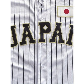 Men's White & Black Striped Baseball Shirt with Embroidered Japan Flag & Number 16 - Loose Fit Breathable V-Neck Button-Up for Sports, Casual Streetwear, All-Season Outdoor Activities