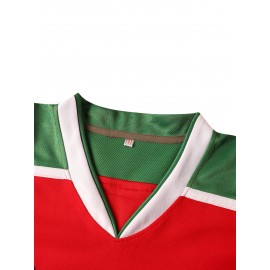 Men's #00 Red & Green Striped Ice Hockey Jersey with Cartoon Embroidery - V-Neck, Long Sleeve, Polyester, Machine Washable - Ideal for Team Sports, Casual Outings, and Holiday Celebrations, Hockey Stocking Stuffers