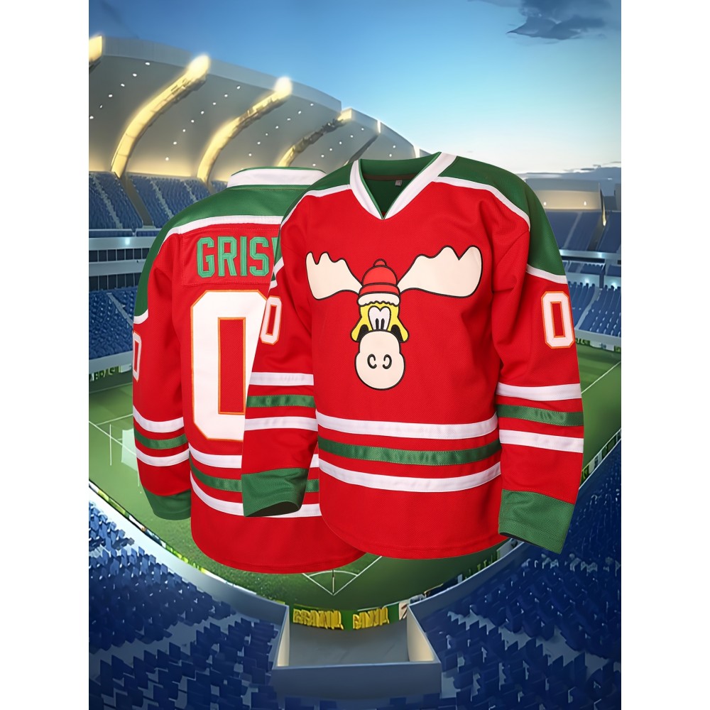 Men's #00 Red & Green Striped Ice Hockey Jersey with Cartoon Embroidery - V-Neck, Long Sleeve, Polyester, Machine Washable - Ideal for Team Sports, Casual Outings, and Holiday Celebrations, Hockey Stocking Stuffers