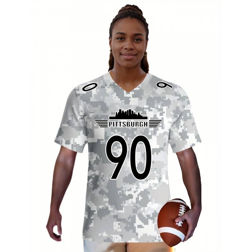Large Size Women's Arctic Camo Pittsburgh #90 Polyester Football Jersey, Women V-Neck Game Day Sports Shirt With Slight Stretch, Breathable Casual Knit Fabric, Loose Fit Adult, Fans Gift Women, For Casual, Party, Training Wear