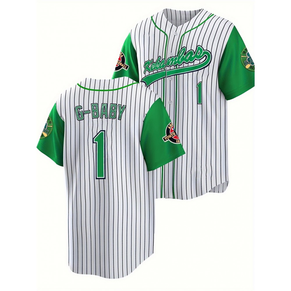 Men's white black striped green patchwork # 1 baseball shirt, classic letter embroidery design, button style short sleeved breathable shirt, used for training and competition